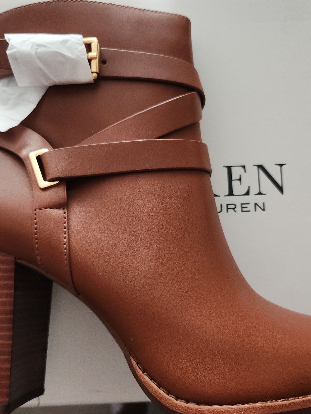 Ralph Lauren Chestnut Brown Leather Ankle Boot with Gold Buckles